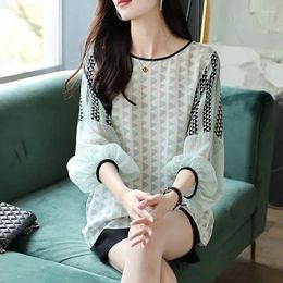 Women's Blouses Fashion Loose Printed Chiffon Lantern Sleeve Blouse Women Clothing 2024 Spring Casual Pullovers Shirt D209