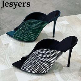 Slippers Summer Pointed Peep Toed Rhinestone Women Bling Crystal Embellishments Thin Hig Heels Sandals Sexy Party Dresses Shoes