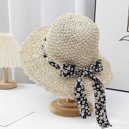 Wide Brim Hats Vintage Straw For Woman Elegant Floral Bowknot Ribbon Sun Summer Travel Protection Holiday