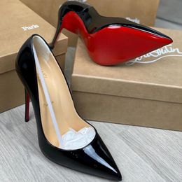 Дизайнерские женские туфли на высоких каблуках красные блестящие днищики 8 см 10 см 12 см тонкие каблуки Черная обнаженная кожаная кожаная насосы с пакетом с пылью 34-44