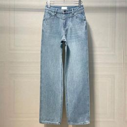 Women's Pants V-cut Denim Mid-high Waist Straight Tube Version No Elastic Three-dimensional Shape Light Blue