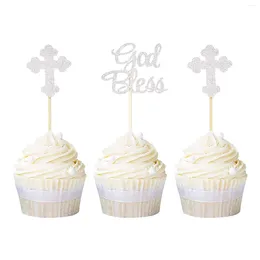 Party Supplies Silver Glitter God Bless And Baptism Cupcake Toppers Cross Picks Christian Decoration 24 PCS
