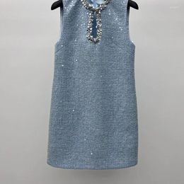 Casual Dresses Women Beaded Hollow Out Mini A-Line Dress 2 Colors Round Neck Sleeveless Sequin Fashion High End Y2K Clothes Runway