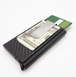 Card Holders 2021 Mini Slim Wallet Slide Case Carbon Fibre PU Leather RFID Wallets Aluminium ID Holder With Cash Clip7719078