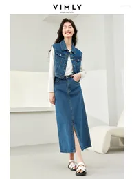 Work Dresses Vimly Retro Washed Cotton Denim Skirt Sets 2024 Spring Lapel Sleeveless Jean Jacket Sraight Split Midi 2 Piece Set 72925