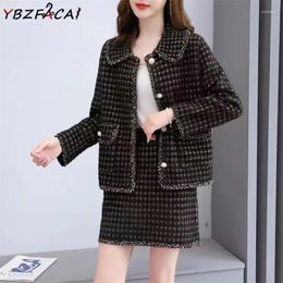 Work Dresses Suit Tweed 2024 High Quality European Fall Winter 2 Piece Women Short Wool Jacket Plaid Mini Skirt Elegant