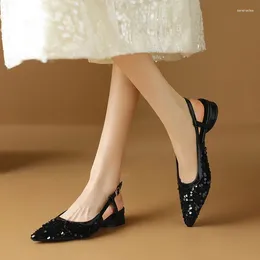 Dress Shoes Phoentin Glitter Low Heels Pointed Toe Slingbacks Pumps Bling Sequin Cloth Women Summer Plus Size 34-43 FT3349