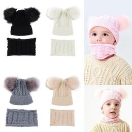 Berets Children's Wool Cap Imitation Raccoon Fur Double Ball Hat Scarf Set Knitted Boys Girls Pom Or Beanies Knitting