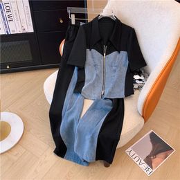 Women's Two Piece Pants 2024 Summer Stitched Zipper T-shirt Top Female Set Elegant Jeans Casual Blouse Ladies Tracksuits Big