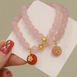 Bangles Lucky Charm Flower Agate Natural Rose Quartz Pink Crystal Beaded Bracelets for Women Female Fine Jewellery Accessories Ybr699