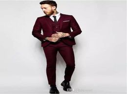 Handsome Burgundy Wedding Tuxedos Slim Fit Suits For Men Groomsmen Suit Three Pieces Cheap Prom Formal Suits Jacket PantsVest4848986