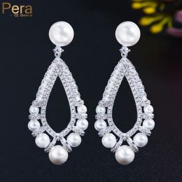 Earrings era Elegance White Gold Colour CZ Stone Long Dangle Drop Pearl Earring for Women Engagement Jewellery aretes de mujer modernos E925