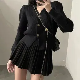 Work Dresses Two Piece Autumn Solid Colour Women Skirts Casual Loose Simple Basic Skirt Woman Black Knitted Long-sleeved Top Female N829