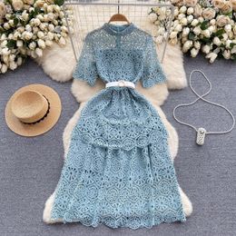 Basic Casual Dresses 2024 Runway Women Vintage Sexy Hollow Out Lace Dresses O-Neck Elegant Short Sleeve Embroidery Flower Ruffles Midi Party Dress Summer