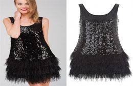 Fashion Little Black Feather Sequined Bodycon Dress Short Cocktail Party Dresses Scoop Neck Mini Formal Prom Gowns Real Po8967665