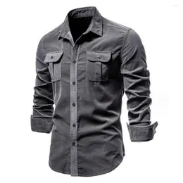 Men's Casual Shirts Men Slim Fit Shirt Long Sleeve Cardigan With Turn-down Collar Pockets Single-breasted Buttons For Soft