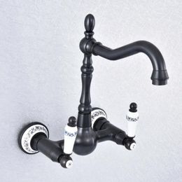 Bathroom Sink Faucets Black Oil Rubbed Brass Kitchen Basin Faucet Mixer Tap Swivel Spout Wall Mounted Dual Ceramic Handles Msf711
