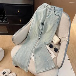 Women's Jeans Women Light Blue Diamonds Flare Vintage High Waist Cowboy Pants Harajuku Denim Trousers American Y2k Aesthetic