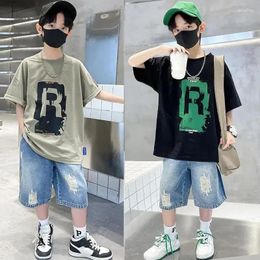 Clothing Sets 2024 Summer Casual 2Pcs Children Boy Short Sleeve Letter T-Shirt Jeans Cotton Soft Kids Set 5-13 Years Old