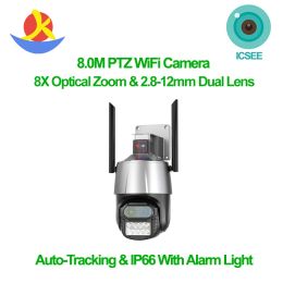 Cameras Icsee Dual Lens Wireless 8Mp 8X Digital Zoom Waterproof Webcam Auto Tracking Security Dome Wifi Ptz Camera 4K With Alarm Light