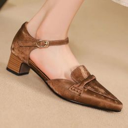 Dress Shoes Large Size 34-41 Women's Genuine Leather Kitten Heel Ankle Strap Sandals Pointed Toe Elegant Ladies Slim Daily Heels