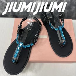 Sandals JIUMIJIUMI Handmade Woman Shoes Ankle-wrap Narrow Band Flat With Beach Crystal String Bead Decora Concise