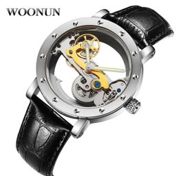 Woonun Waterproof Mechanical Watches Men Transparent Tourbillon Automatic Mechanical Skeleton Wrist Watches Relogio Masculino J1909957020
