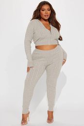 Women's Two Piece Pants Knitted Women Set Outfit Solid Long Sleeves Hooded Sweater Jacket Suit Spring Autumn Casual Skinny Small Leg Pant