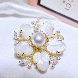 Brooches MeibaPJ 9-10mm Natural White Pearl Flower Shell Corsage Brooch Fashion Sweater Jewelry For Women Empty Tray