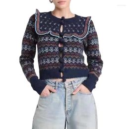 Women's Knits VII 2024 Brand SE Early Spring Woman Clothing Vintage Pleated Jacquard Round Neck Wool Cardigan Sweater Offers