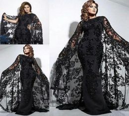 Saudi Arabic Black Evening Dresses Lace Cloak Style Mermaid Prom Dresses Satin Floor Length Applique Sequins Plus Size Formal Part4095125