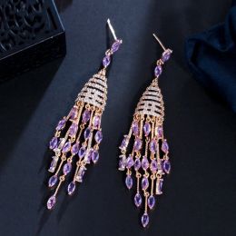 Earrings CWWZircons Brilliant Gold Colour Dangling Drop Long Tassel Droplets Purple Cubic Zirconia Crystal Charm Earrings for Women CZ990