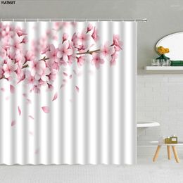 Shower Curtains 3D Pink Cherry Blossom Curtain White Background Peach Blossoms Scenery Fabric Bathroom Supplies Cloth With Hooks