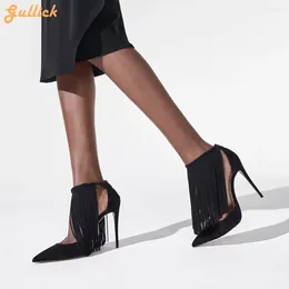 Dress Shoes Brown/Black Tassel Pointed Toe Pumps Suede Stiletto Heel Fashion Party Shallow Ankle Strap Women High Heels Plus Size