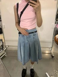 Summer Pleated Skirt Women Girls Blue Jeans Midi Kneelength Denim Aline Long Y2k Korean Vintage 240402