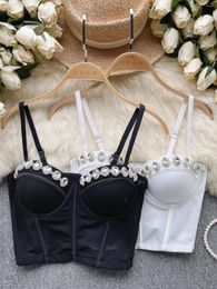 Women's Tanks American Sexy Women Camis Mujer Diamond Beading Spaghetti Strap Tank Tops Built In Bra Mesh Sheer Backless Crop Top Dropship