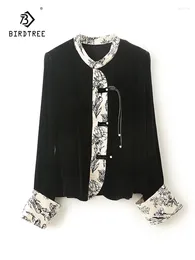 Women's Blouses BirdTree Real Silk Velvet Elegant Shirt Women Long Sleeve O Neck Printed Vintage Temperament 2024 Spring T43425QC