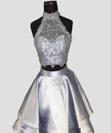 Silver Gray Two Piece Homecoming Dresses High Neck Sleeveless Lace Satin Backless Royal Blue Light Sky Blue Red Short Party Dresse9975495