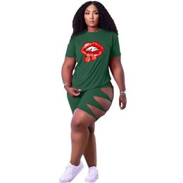 Designer Women's Fashion Sexy Sports Set 2024 summer Europe and America Large size casual set lip hollow womens two-piece set Women's short sleeved top sports 2N12