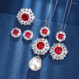 Necklace Earrings Set EYIKA Luxury Lab Ruby Sapphire Jewellery For Women Water Drop CZ Blue Red Stone Flower Pearl Pendant Ring