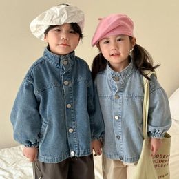 Jackets 2024 Spring Children Denim Coat Boys Girls Baby Lapel Retro Casual Jacket Kids Cotton Solid Cardigans Loose Tops