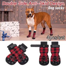 Dog Apparel 4pcs Warm Socks Non-slip Christmas Plaid Anti Slip Pet Knits For Puppy Medium Dogs Comfortable