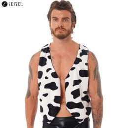 Mens Cow Print Open Front Coat Jacket Vest Halloween Festival Hippie Costume Cowboy Cardigan Cosplay Party Fancy Dress Up 240320