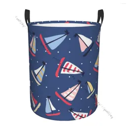 Laundry Bags Basket Round Dirty Clothes Storage Foldable Hand Drawn Sailing Yachts Hamper Organiser