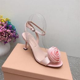 Sandals 2024 Summer Fashion Round Toe Women Shoes Concise Flower Decor Sexy High Heels Genuine Leather Chaussure Femme