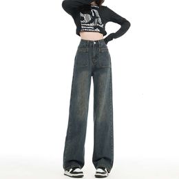 Zementgrau Jeans Womens 2024 Frühlings- und Herbstsaison Neues Taschenentwurf mit hoher Taille für schlanke, breite Bein gerade Beinhosen