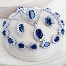 Silver 925 Women Bridal Jewellery Sets Blue Zirconia Costume Fine Jewellery Wedding Necklace Earrings Rings Bracelets Pendant Set 240401