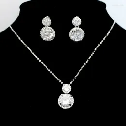 Necklace Earrings Set Double Round Gourd Cubic Zircon Pendant Necklaces Earring Stainless Steel Chain Jewelry Women White Hypoallergenic