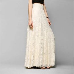 Women Double Lace Layer Chiffon Pleated Long Maxi Skirt Elastic Waist Floral Ankle-Length long skirt streetwear PZ1585 240403