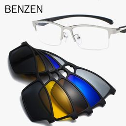 BENZEN 5 In 1 Magnet Polarized Clip Glasses Frame Men TR90 Optical Myopia Clip Glasses For Men Eyeglasses Frame 5535 240401